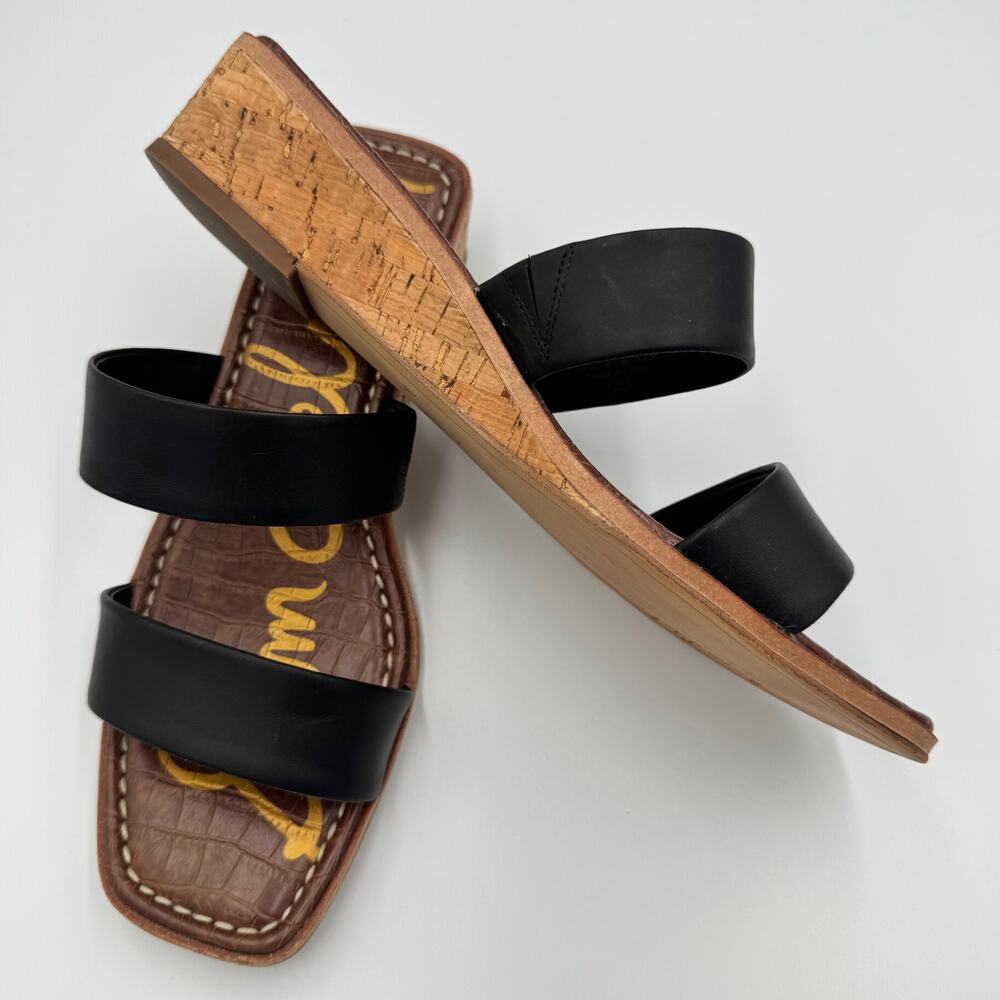 Sam Edelman Vena Black Leather Cork Wedge Slide Sandal Double Strap 8.5 EU 38.5 - Picture 6 of 16